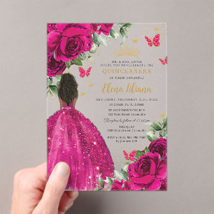 Fuchsia Floral Brown Princess Quinceañera Sweet 16 Acrylic Invitations