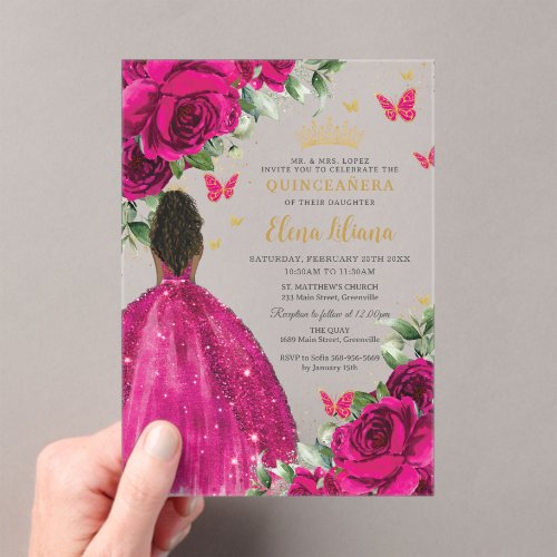 Fuchsia Floral Brown Princess Quincea&#241;era Sweet 16 Acrylic Invitations