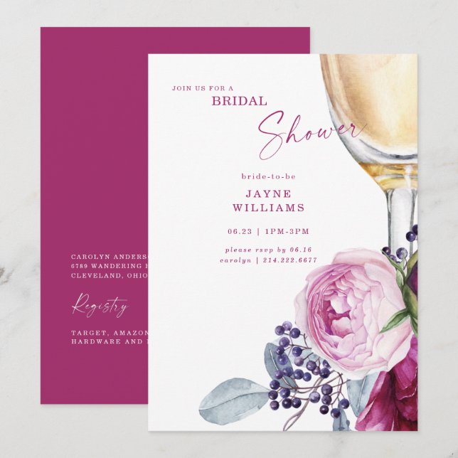 Fuchsia Floral Champagne Elegant Bridal Shower  Invitation (Front/Back)