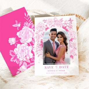 Fuchsia Floral Chinoiserie Wedding Save the Date Invitation