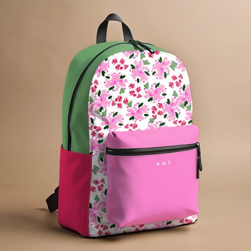 Fuchsia Floral Garden Personalized Name Initial Printed Backpack