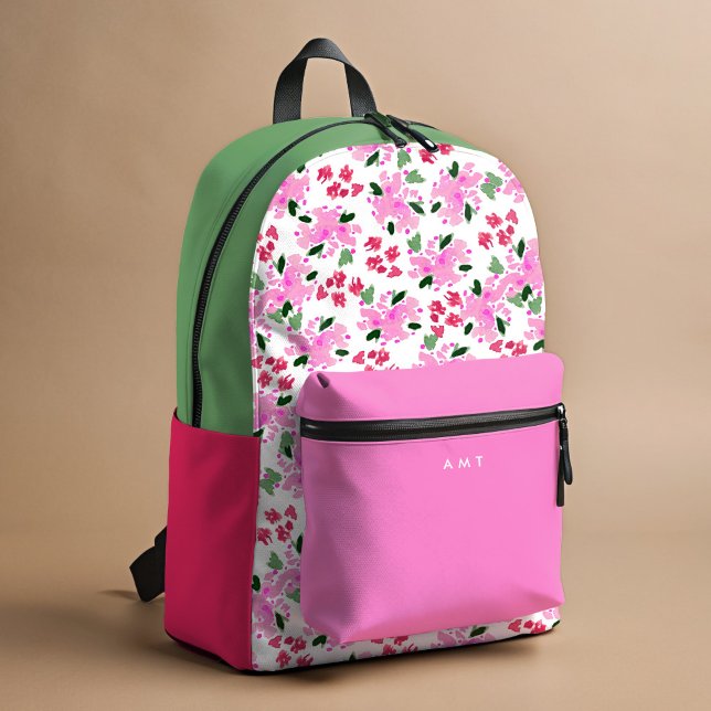 Fuchsia Floral Garden Personalized Name Initial Printed Backpack (Fuchsia pink and green watercolor Floral Garden personalized school backpack.)