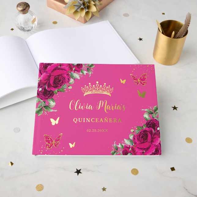Fuchsia Floral Gold Quinceanera Sweet 16 Birthday Foil Guest Book (Front Open)