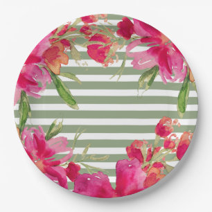 Fuchsia Floral Green Stripes Graduation Party  Paper Plates