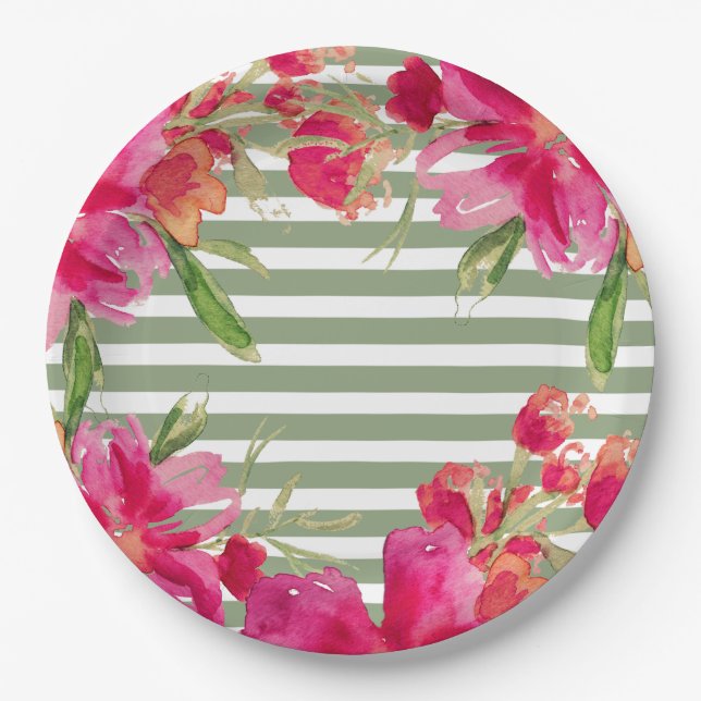 Fuchsia Floral Green Stripes Graduation Party  Paper Plates (Front)