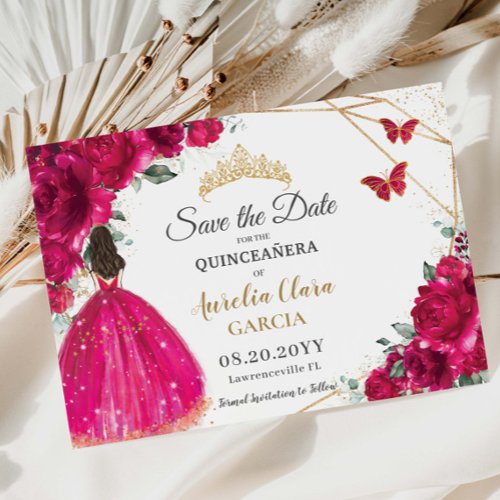 Fuchsia Floral Princess Quincea&#241;era Save the Date