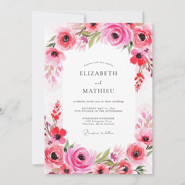 Fuchsia Floral Romance Wedding Invitation (Front)
