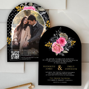 Fuchsia Floral Roses QR Code Photo Black Wedding Invitation