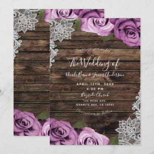 Fuchsia Floral Roses Rustic Wood & Lace Wedding Invitation