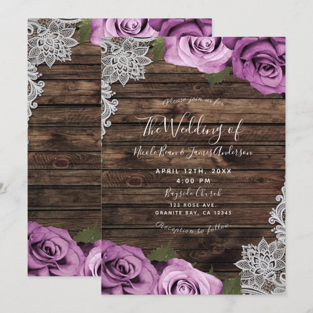Fuchsia Floral Roses Rustic Wood & Lace Wedding Invitation (Front/Back)