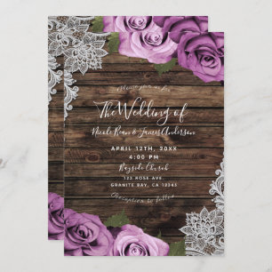Fuchsia Floral Roses Rustic Wood & Lace Wedding Invitation
