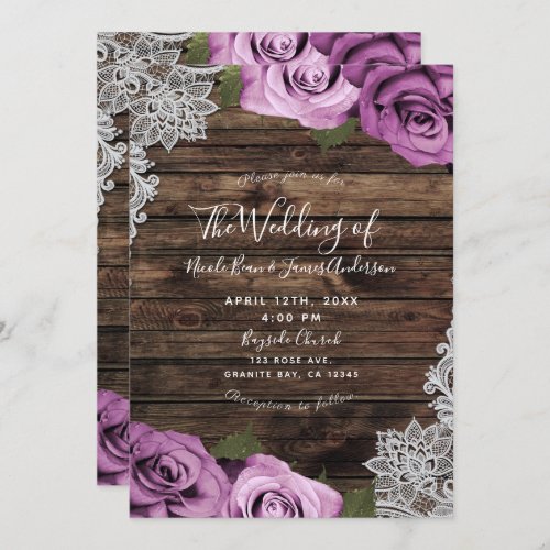 Fuchsia Floral Roses Rustic Wood  Lace Wedding Invitation
