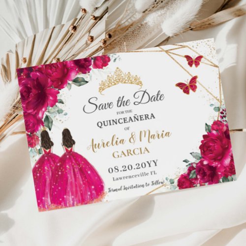Fuchsia Floral Twins XV Quincea&#241;era Save the Date