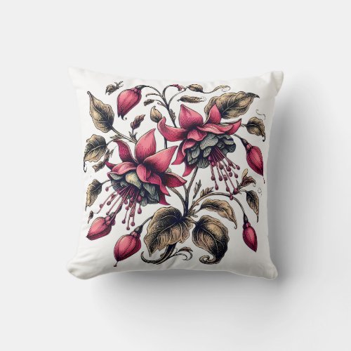 Fuchsia flower drawing throw pillow