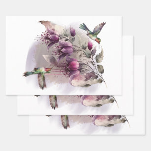 Fuchsia Flower Hummingbird Watercolor Wrapping Paper Sheets