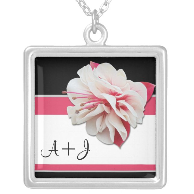 "Fuchsia Flower" Initials Pink & Black Necklace (Front)