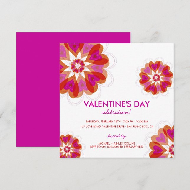 Fuchsia Flower Love Hearts Valentine Party Invite (Front/Back)