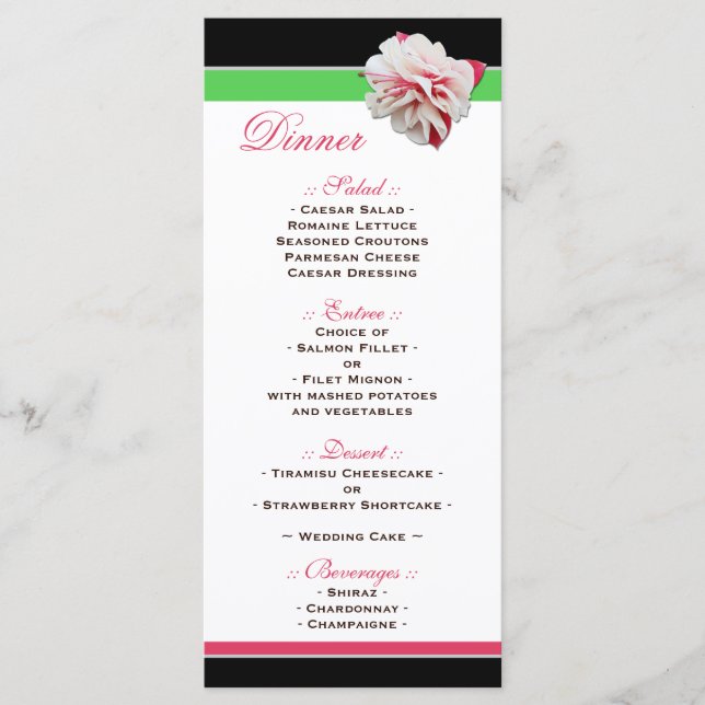 Fuchsia Flower Pink & Green Wedding Reception Menu (Front)