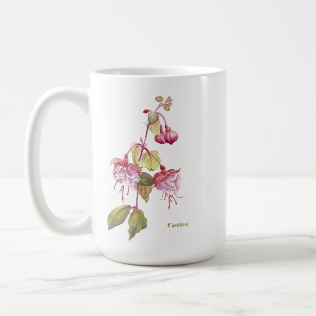 Fuchsia flower red and purple and saying coffee mug (Left)