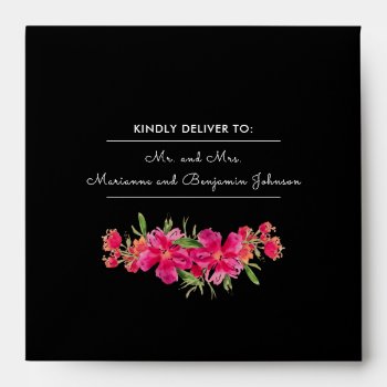 Fuchsia Flowers | Black White Stripes Wedding  Envelope by YourWeddingDay at Zazzle