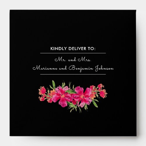 Fuchsia Flowers  Black White Stripes Wedding  Envelope