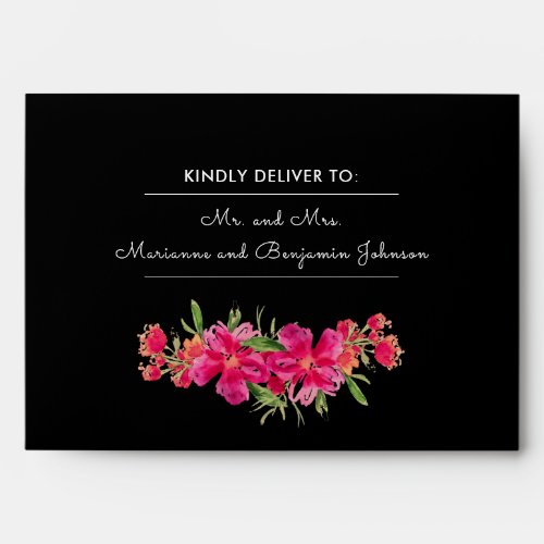 Fuchsia Flowers  Black White Stripes Wedding  Envelope