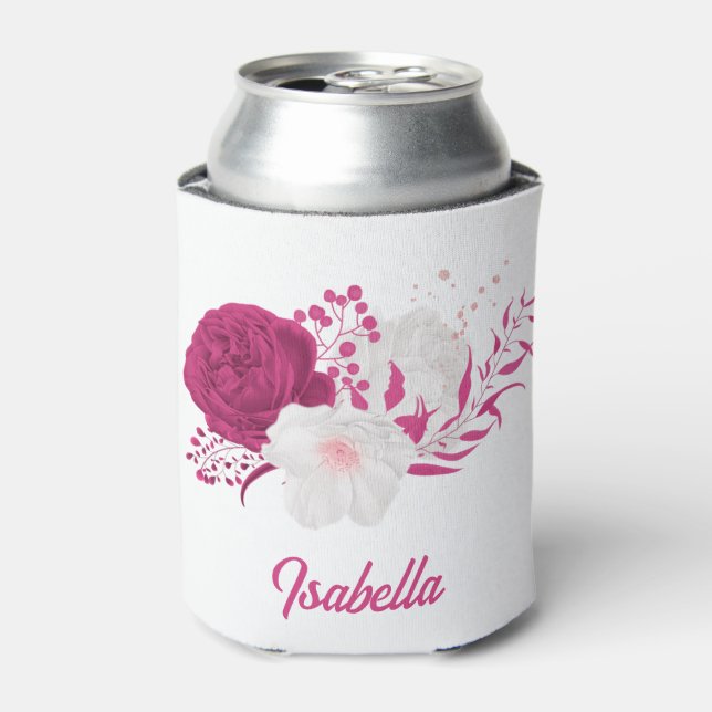 fuchsia flowers botanical wedding can cooler (Can Front)