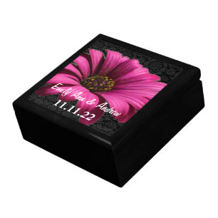 Fuchsia Gerber Daisy Damask Wedding Anniversary Keepsake Box