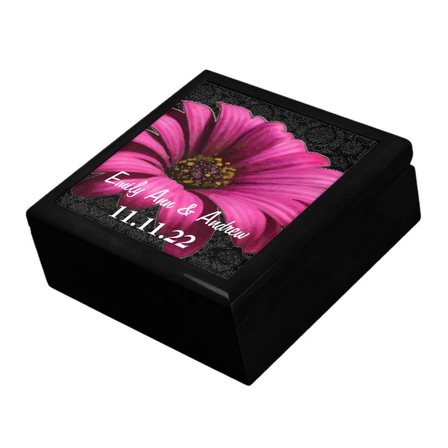 Fuchsia Gerber Daisy Damask Wedding Anniversary Keepsake Box (Side)