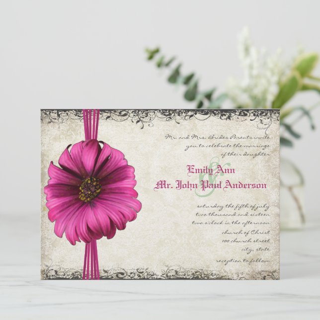 Fuchsia Gerber Daisy Wedding Invite (Standing Front)