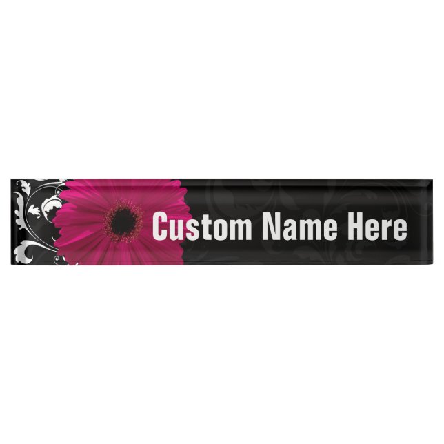 Fuchsia Gerbera Daisy Black/White Swirl Desk Name Plate (Front)