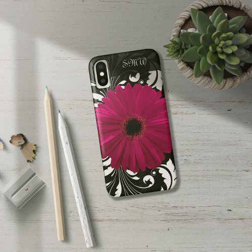 Fuchsia Gerbera Daisy with Black and White Swirl iPhone X Case