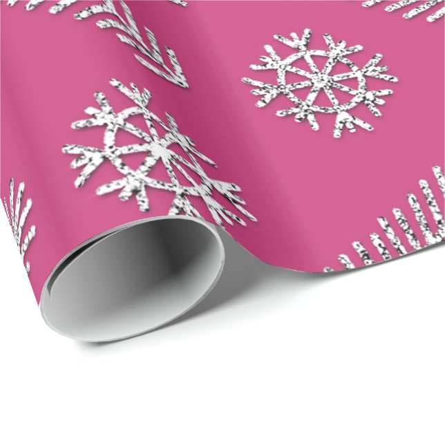 Fuchsia Glitter Christmas Tree Holidays Snowflakes Wrapping Paper (Roll Corner)