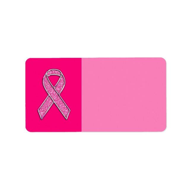 Fuchsia Glitter Style Pink Ribbon Awareness Label (Front)