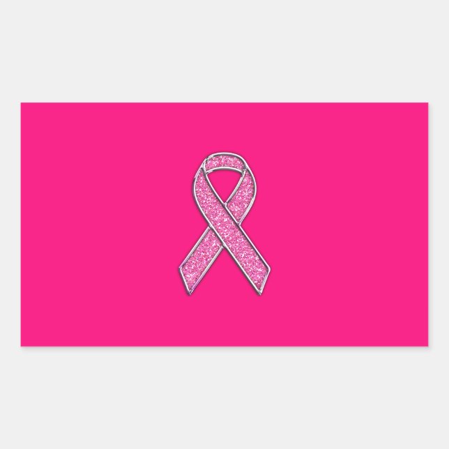 Fuchsia Glitter Style Pink Ribbon Awareness Rectangular Sticker (Front)