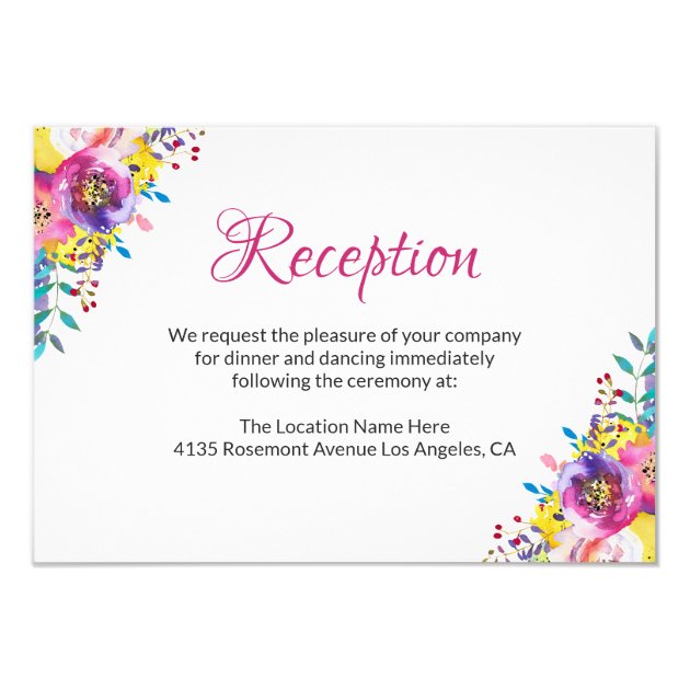 Fuchsia Gold Blossom Floral Wedding Reception Card