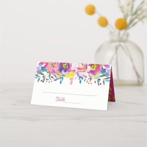 Fuchsia Gold Blossom Flowers Wedding Place Card