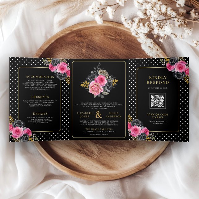 Fuchsia Gold Floral Roses All in One Black Wedding Tri-Fold Invitation (Creator Uploaded)