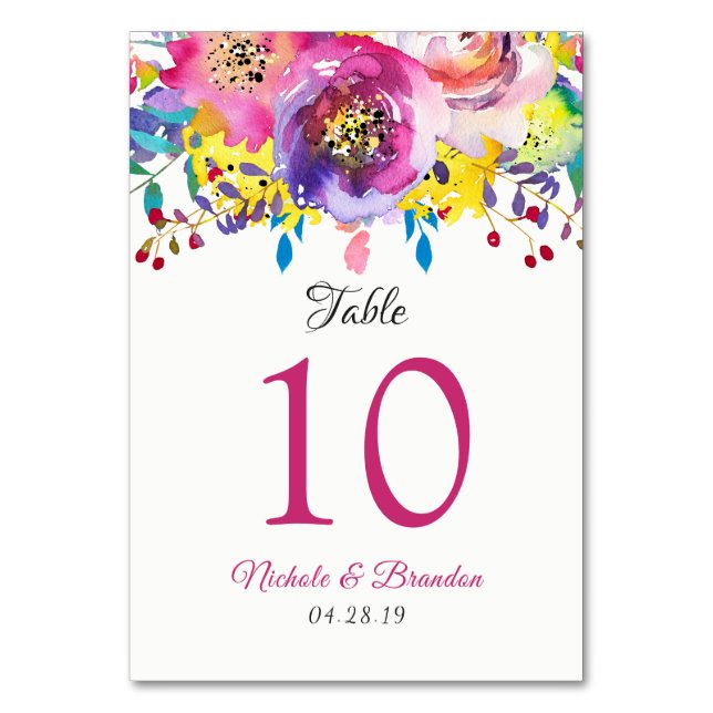 Fuchsia Gold Floral Wedding Table Number Card (Front)