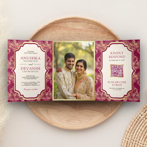 Fuchsia Gold Lace QR Code Photo Indian Wedding Tri_Fold Invitation