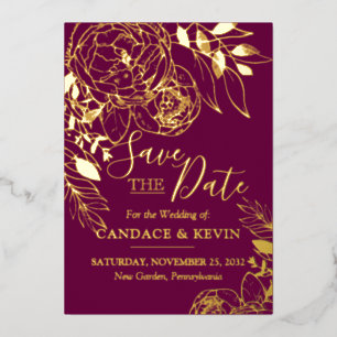 Fuchsia & Gold Modern Floral Peony Save the Date Foil Invitation