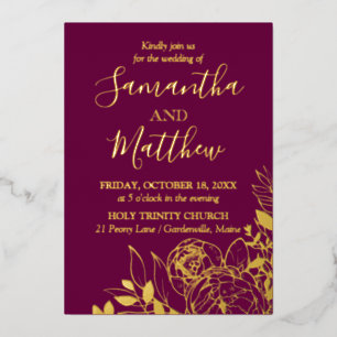 Fuchsia & Gold Peony Modern Floral Wedding Foil Invitation