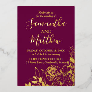 Fuchsia & Gold Peony Modern Floral Wedding Foil Invitation