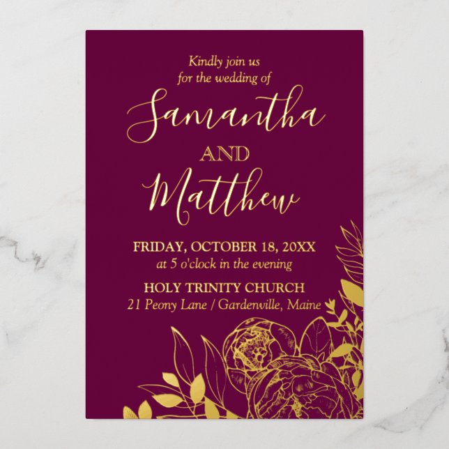 Fuchsia & Gold Peony Modern Floral Wedding Foil Invitation (Front)