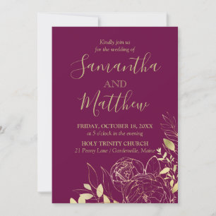Fuchsia & Gold Peony Modern Floral Wedding Invitation