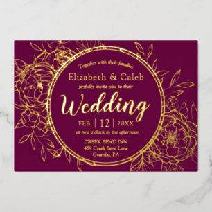 Fuchsia & Gold Peony Modern Toile Wedding Foil Invitation