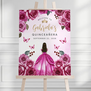 Fuchsia Gold Pink Floral Quinceañera Welcome Foam Board