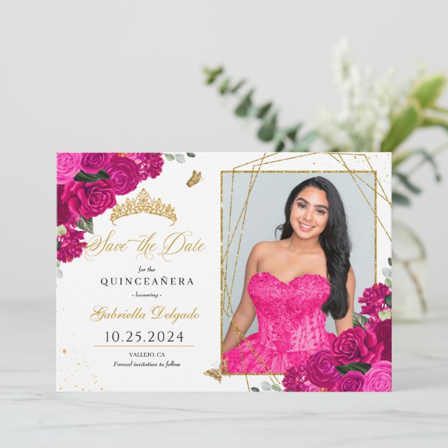 Fuchsia & Gold Quinceañera Save The Date Photo Invitation (Standing Front)