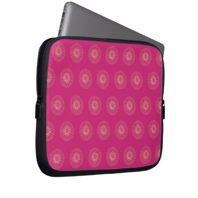 Fuchsia | Golden Zinnia Flower Medallions Laptop Sleeve (Front Right)