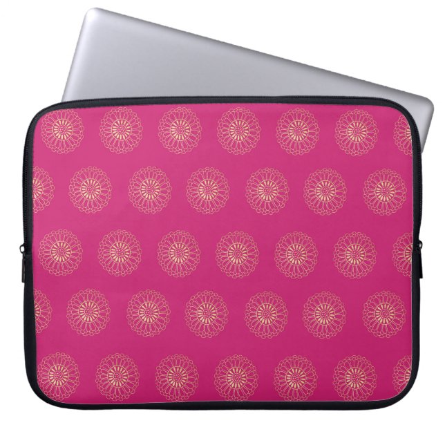Fuchsia | Golden Zinnia Flower Medallions Laptop Sleeve (Front)